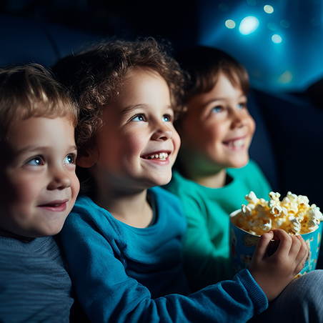 Three young children sit close together, smiling and holding a bucket of popcorn while watching a movie in a dark theater.