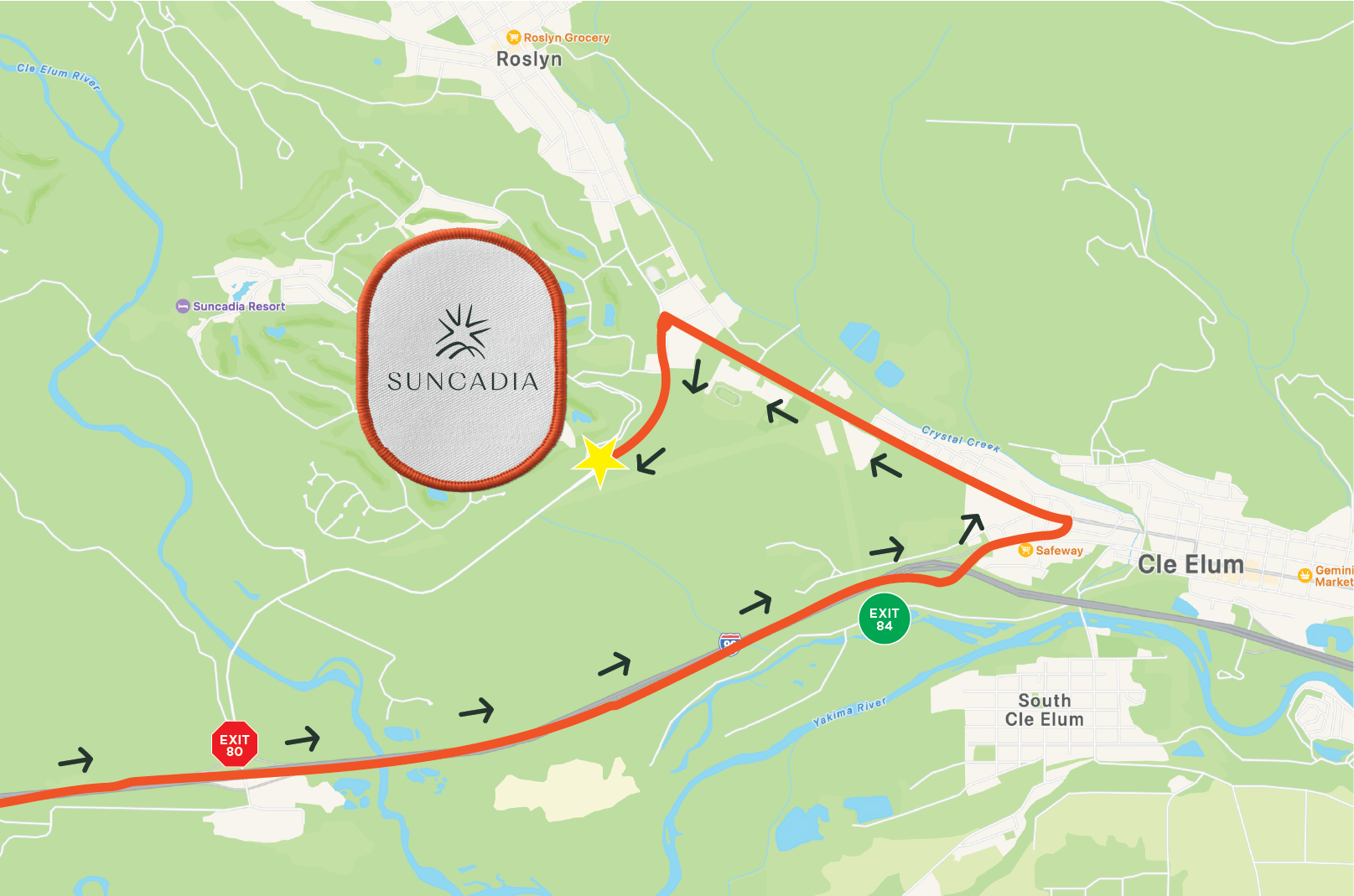 Map showing driving directions from I-90 Exit 84 in Cle Elum to Suncadia, highlighted with an orange route and arrows; Exit 80 is marked as closed.