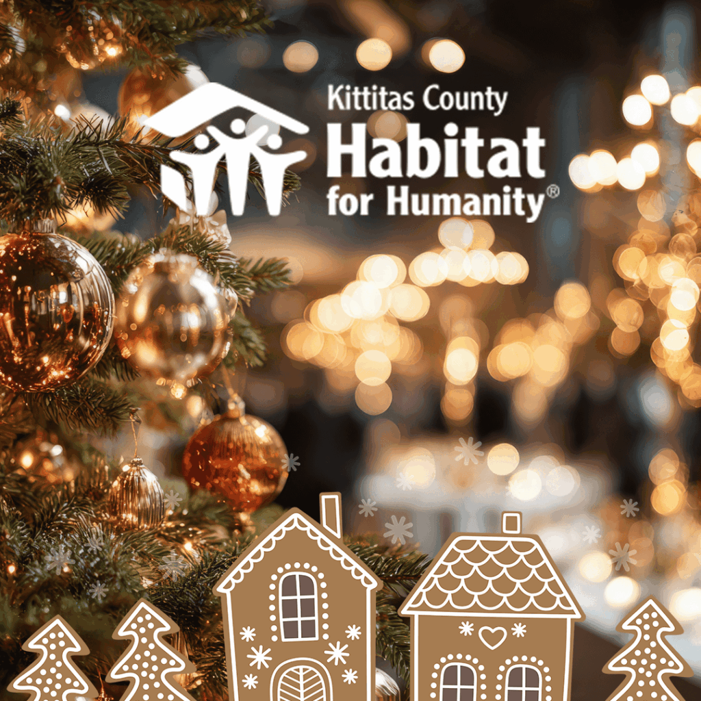 Decorated Christmas tree with ornaments, gingerbread house cookies, and the Kittitas County Habitat for Humanity logo over a blurred festive background.