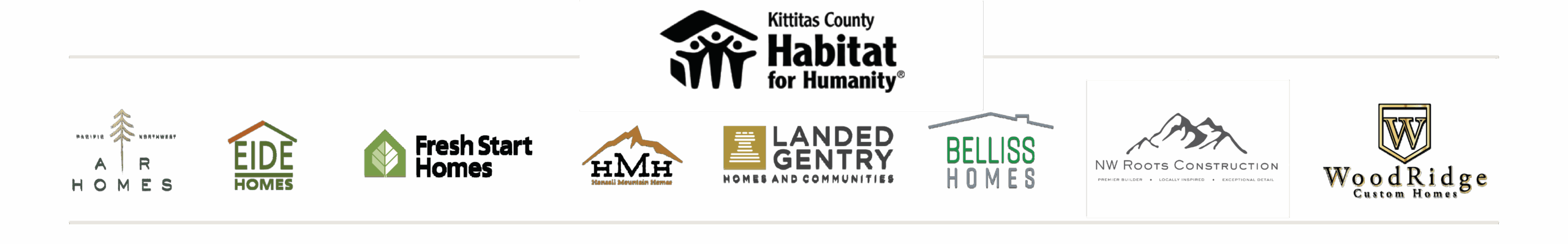 A row of nine different home builder logos with the Kittitas County Habitat for Humanity logo centered above them.