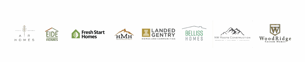 Seven home builder logos displayed in a row, featuring company names and stylized house or mountain icons in various colors and designs.