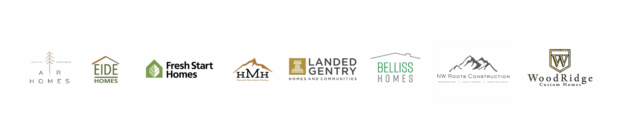 Seven home builder logos displayed in a row, featuring company names and stylized house or mountain icons in various colors and designs.