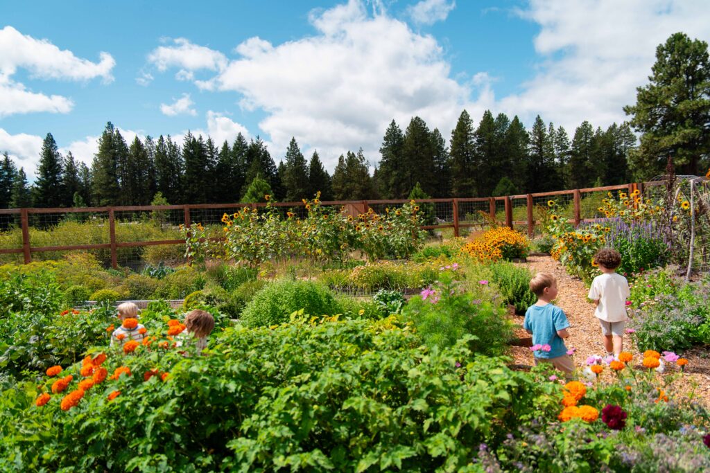 Four young children walk through a lush, colorful garden at Suncadia, filled with flowers and greenery. Surrounded by a wooden fence and tall trees under a partly cloudy sky, they enjoy the magic of spring events at Suncadia.