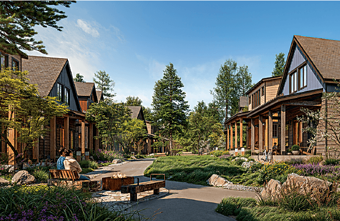 A tree-lined residential street with wooden houses, lush landscaping, and people sitting around a fire pit. The sky is clear and blue, suggesting a peaceful, sunny day in a modern neighborhood.