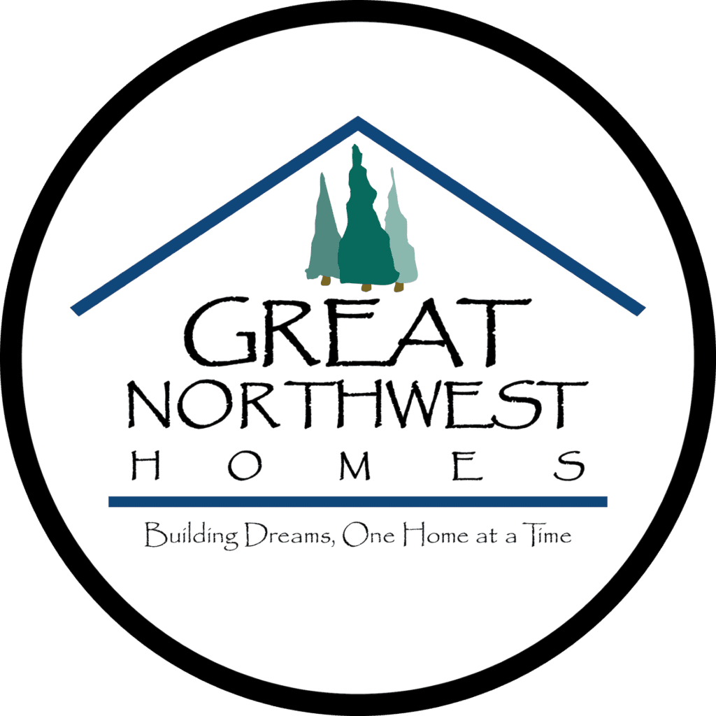 Logo for Great Northwest Homes featuring three evergreen trees inside a blue-roofed house outline, with the slogan Building Dreams, One Home at a Time below the company name in stylized text.