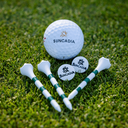 A Suncadia-branded golf ball, two ball markers, and three striped golf tees are arranged on green grass.
