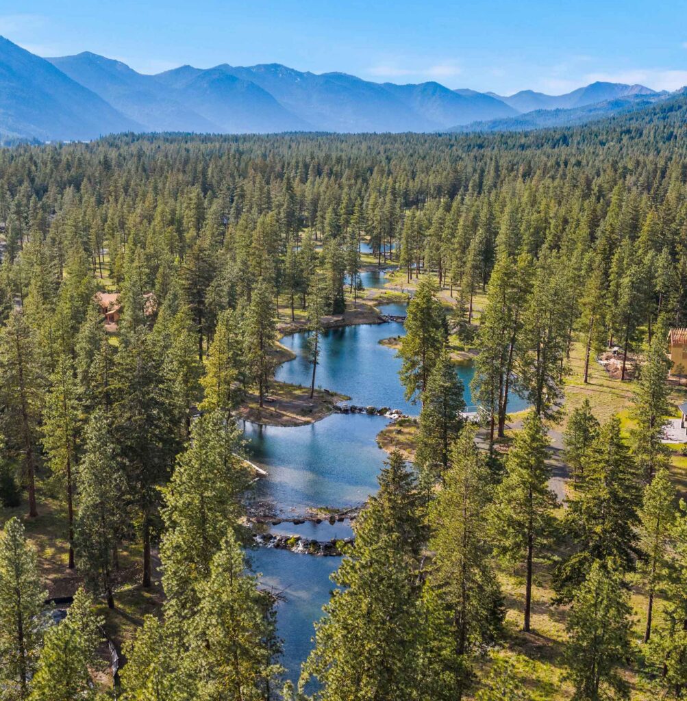 Aerial view of Nelson Lakes with tall pine trees surrounding winding blue rivers and small ponds, set against distant mountain ranges under a clear blue sky—perfect scenery for Spring events at Suncadia.