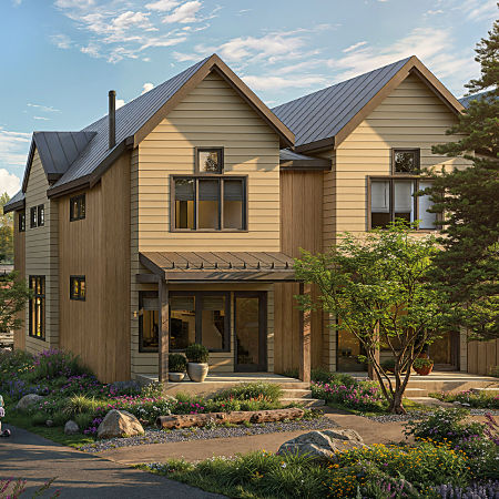 Modern farmhouse with beige siding, large windows, a metal roof, and covered entryway, surrounded by lush landscaping, trees, and colorful flowers under a partly cloudy sky.
