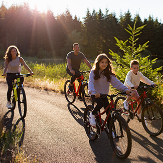 A family of four rides bicycles together on a sunny path through a forested area, with sunlight streaming through the trees and everyone smiling.