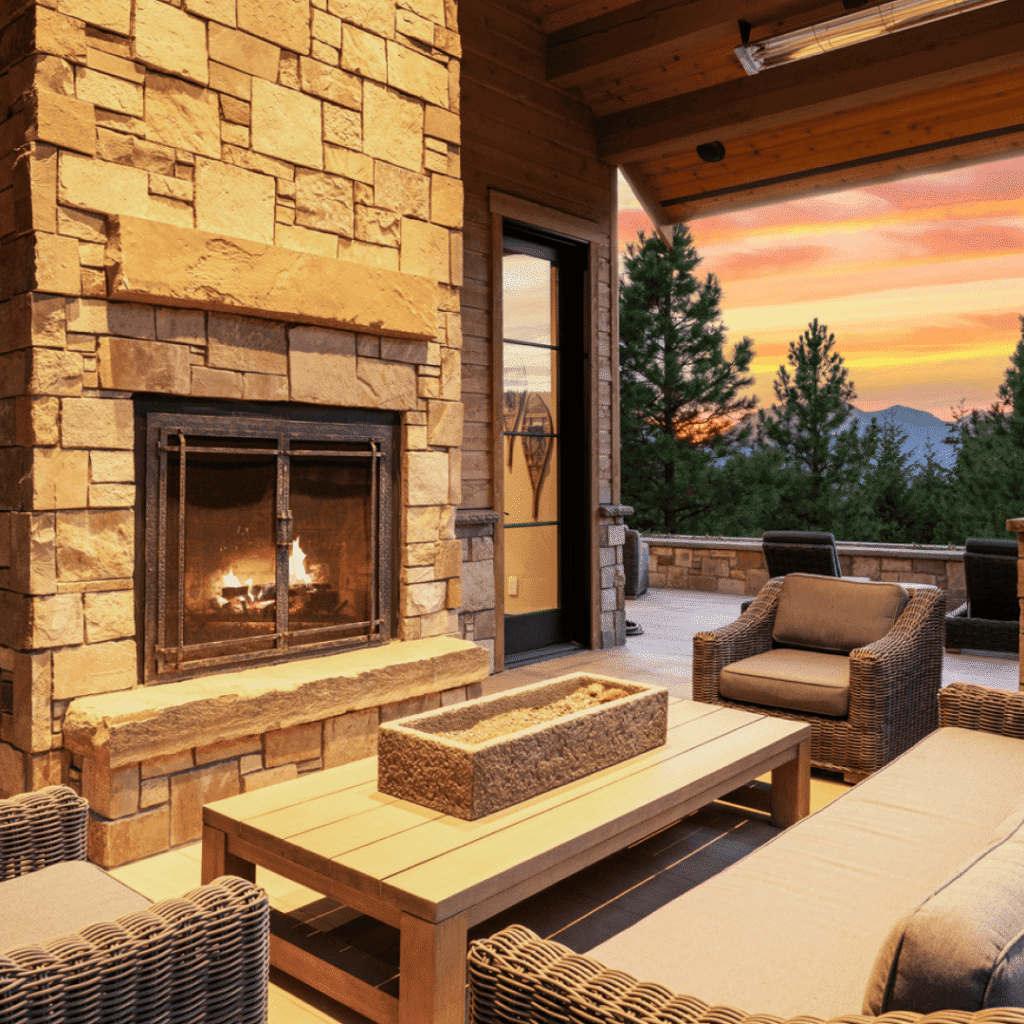 A cozy outdoor patio with wicker furniture and a wooden table, featuring a stone fireplace. The area overlooks trees and mountains under a vibrant, colorful sunset sky.
