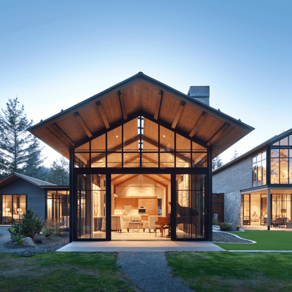 A modern house with large glass walls and a peaked roof, warmly lit inside. The interior features a piano and open living space, surrounded by trees and a manicured lawn at dusk.