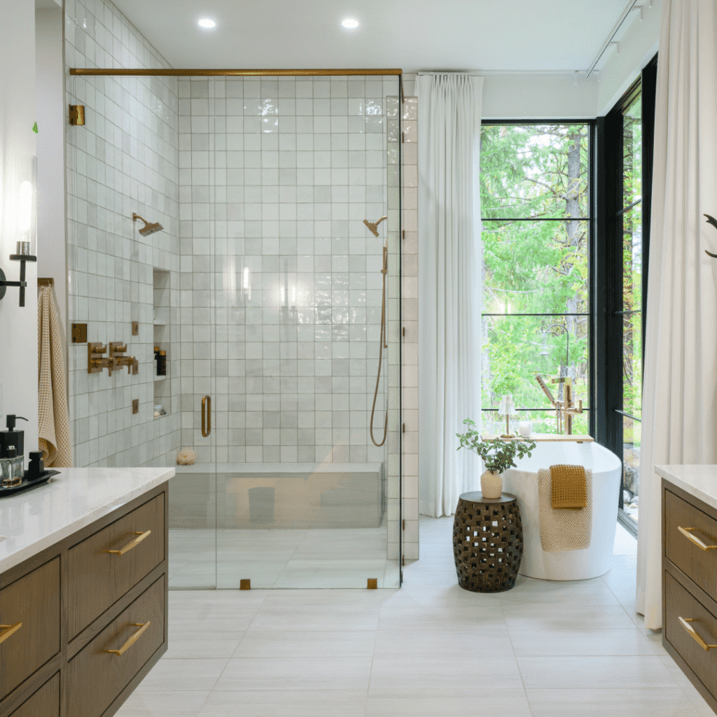 Modern bathroom with a glass-enclosed shower, gold fixtures, a freestanding white bathtub by large windows, light tile floors, wooden cabinets, and decorative plants creating a bright, spa-like atmosphere.