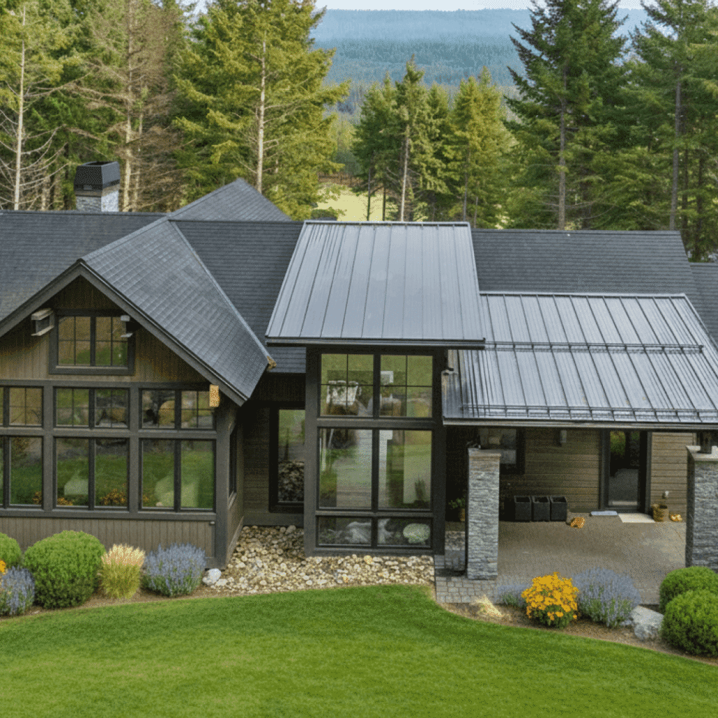 Modern house with large windows, black metal roof, and stone accents, surrounded by green lawn, shrubs, and tall pine trees, with a forest and mountains visible in the background.