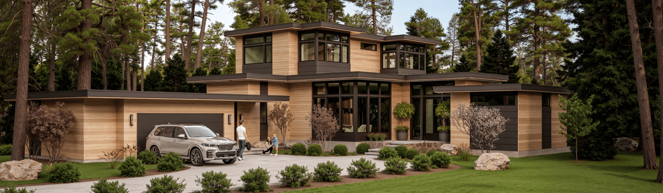A modern two-story house with large windows and wood paneling sits among tall trees. A silver SUV is parked in the driveway, where a person and a child are walking toward the front entrance.