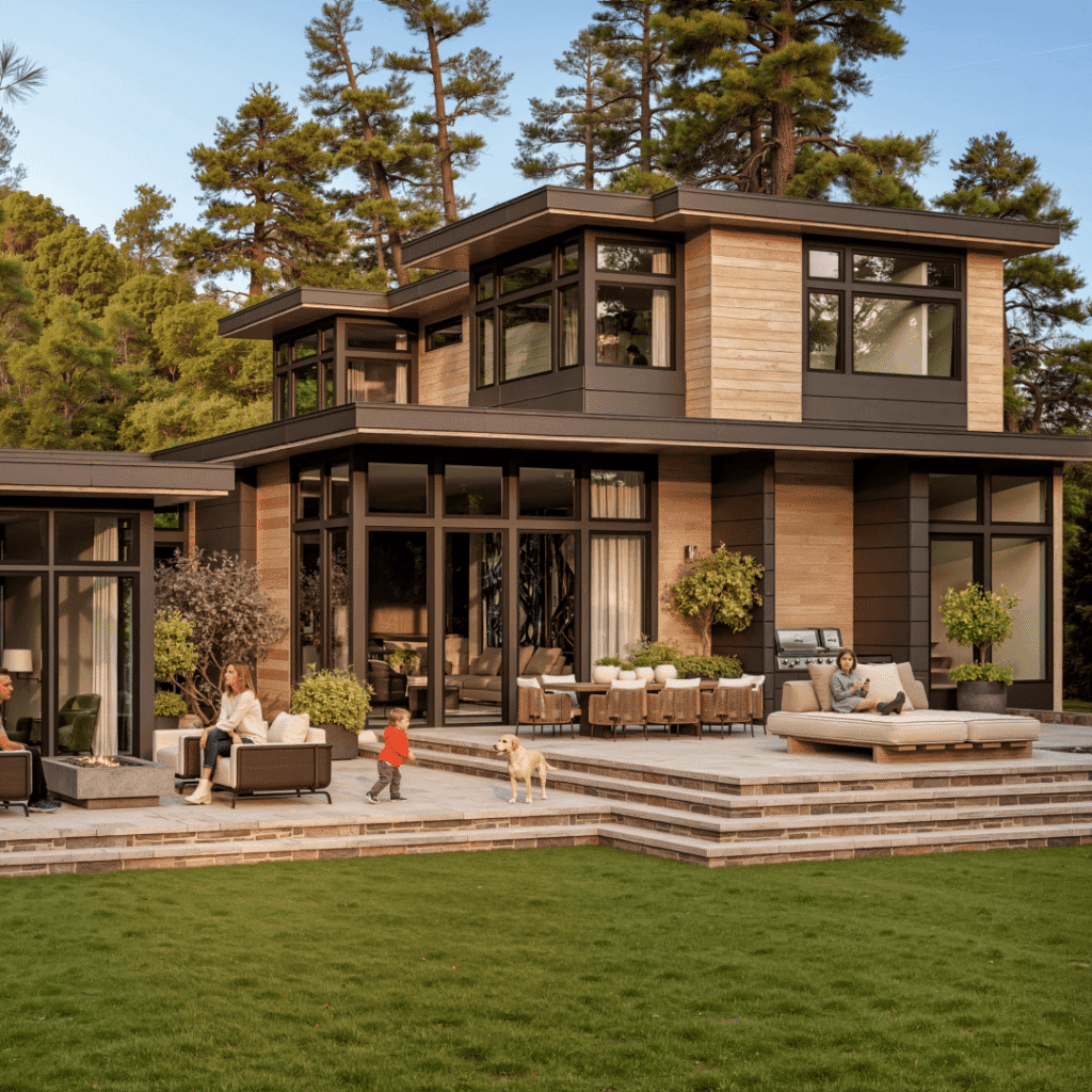 A modern two-story house with large windows and wood accents, surrounded by trees. People sit and talk on the patio, while a dog stands near two children playing on the lawn in the foreground.