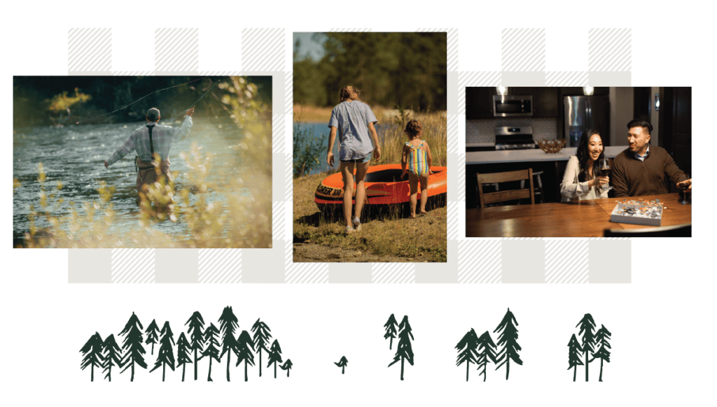 Collage with three photos: a person fly fishing in a river, two people with a canoe near water, and a couple looking surprised in a kitchen. Stylized trees are illustrated below.