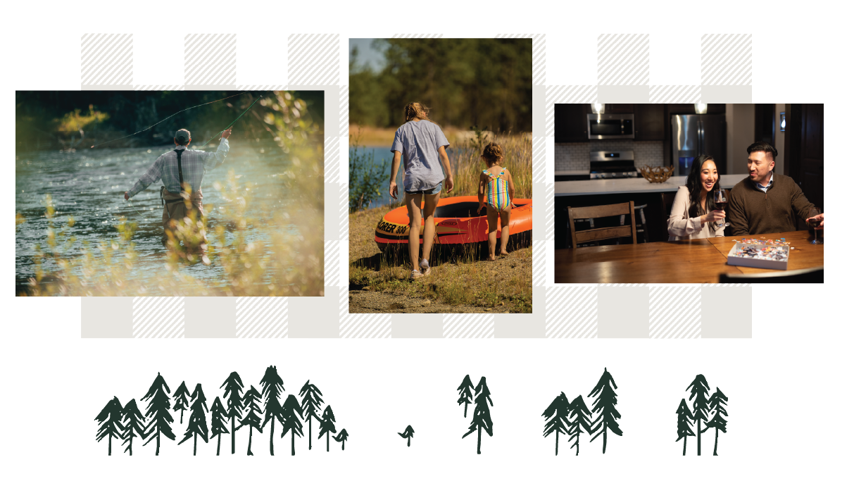 Collage with three photos: a person fly fishing in a river, two people with a canoe near water, and a couple looking surprised in a kitchen. Stylized trees are illustrated below.