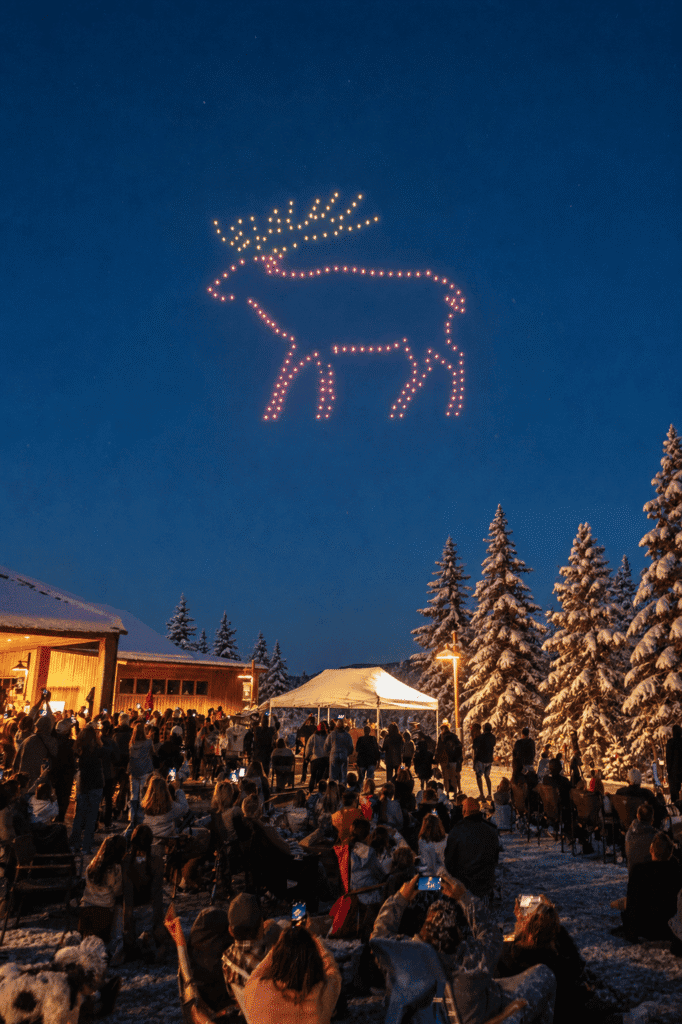 A crowd watches a night sky drone show forming a glowing outline of a reindeer above a snowy landscape with trees and a building.