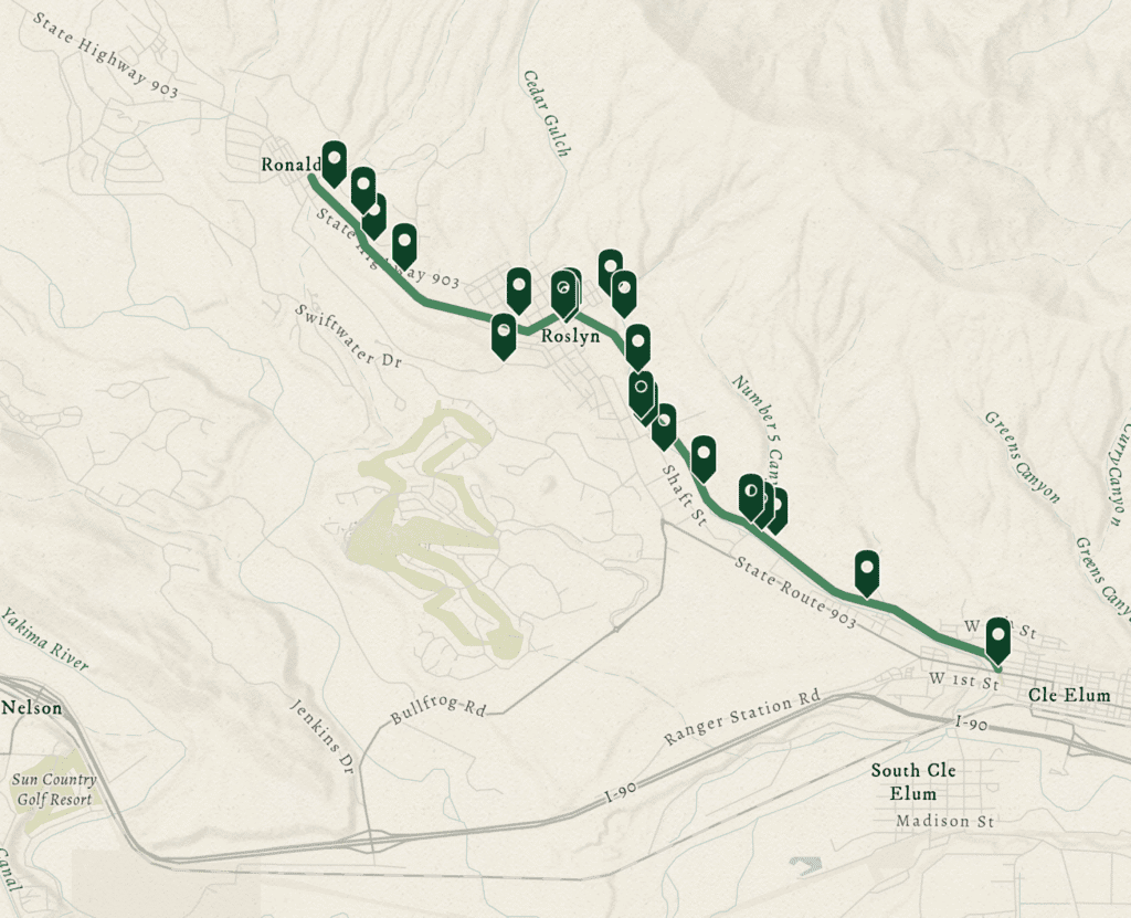 Map showing a marked route along State Route 903 from Ronald to Cle Elum, passing through Roslyn, with multiple location markers and surrounding roads and landmarks labeled.
