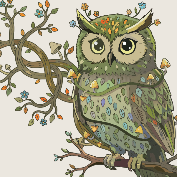 A colorful owl with leafy, flowery feathers sits on a branch. Vines with leaves, mushrooms, and small flowers wrap around the owl and the branch, creating a whimsical, nature-inspired scene.