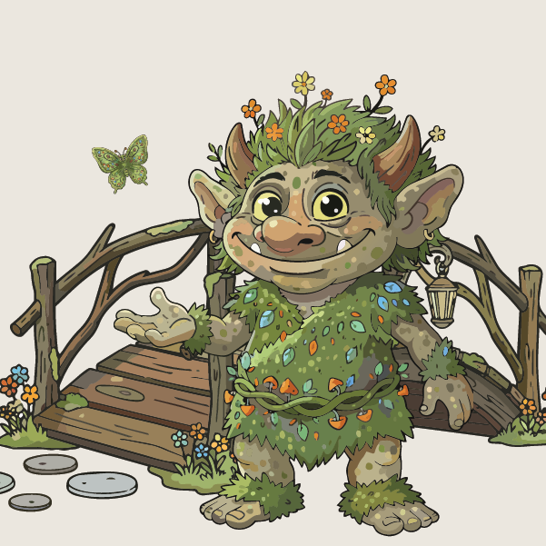 A friendly troll covered in leaves and flowers stands by a wooden bridge, smiling and waving at a green butterfly. A lantern hangs on the bridge and small plants grow around them.