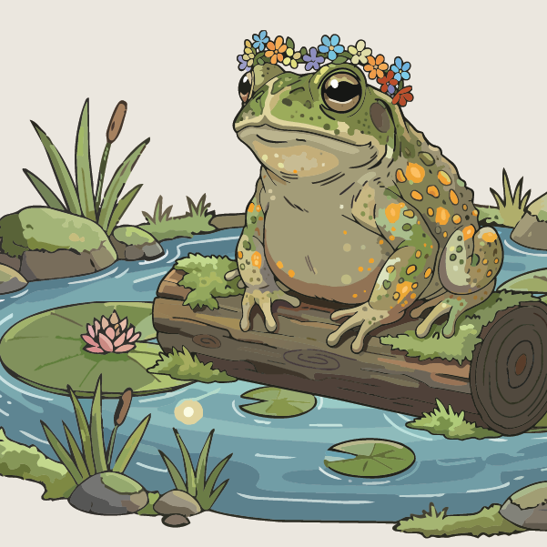 A green and orange frog wearing a flower crown sits on a log in a pond surrounded by plants, rocks, and lily pads.