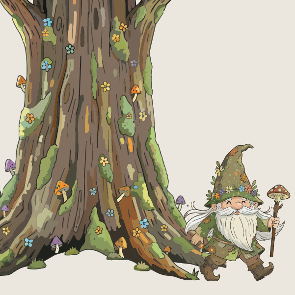 A gnome with a long white beard, green hat, and walking stick stands beside a large tree decorated with colorful mushrooms, moss, and small flowers.