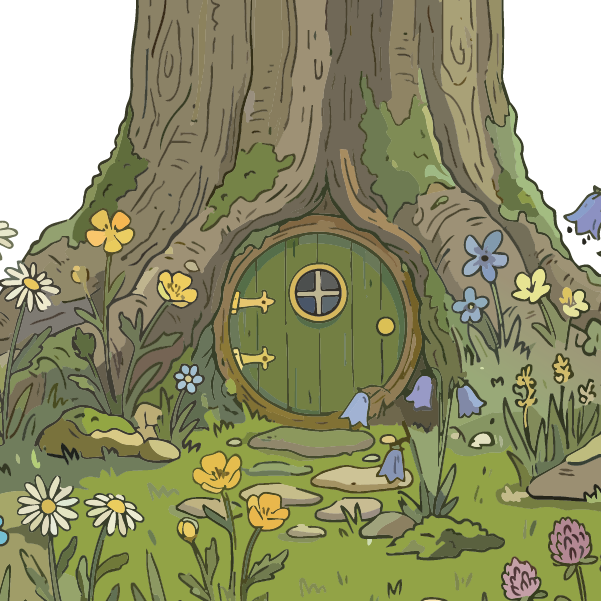 A round green door with brass details is set into the base of a large tree, surrounded by wildflowers, grass, and stepping stones, creating a whimsical, fairy-tale atmosphere.
