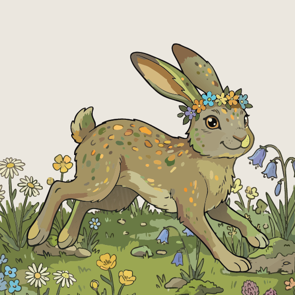 A happy brown rabbit with orange spots and a flower crown hops through a field of wildflowers, surrounded by yellow, blue, and white blossoms.