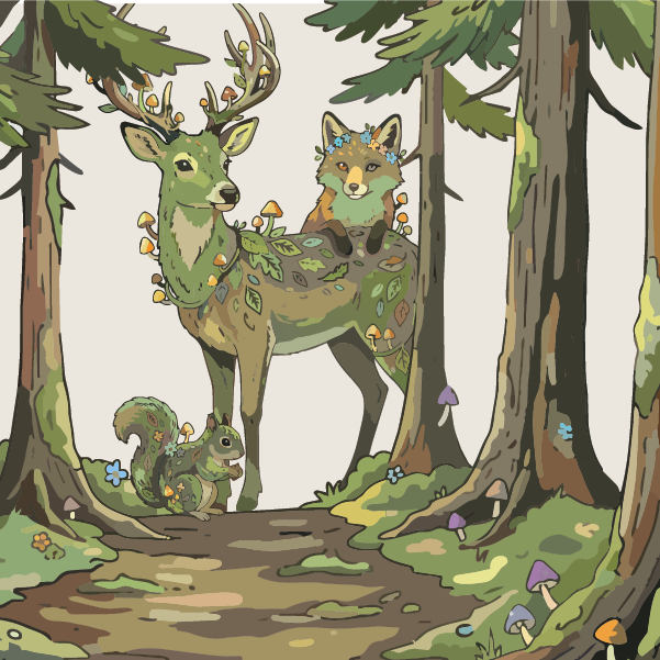 A deer, a fox, and a squirrel stand on a forest path. All have leaves, flowers, and mushrooms growing on them. Tall trees and colorful mushrooms surround them. The scene is whimsical and magical.