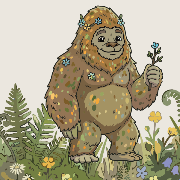 A friendly, furry creature covered in colorful spots and flowers stands among ferns and wildflowers, smiling and holding a small blue flower.