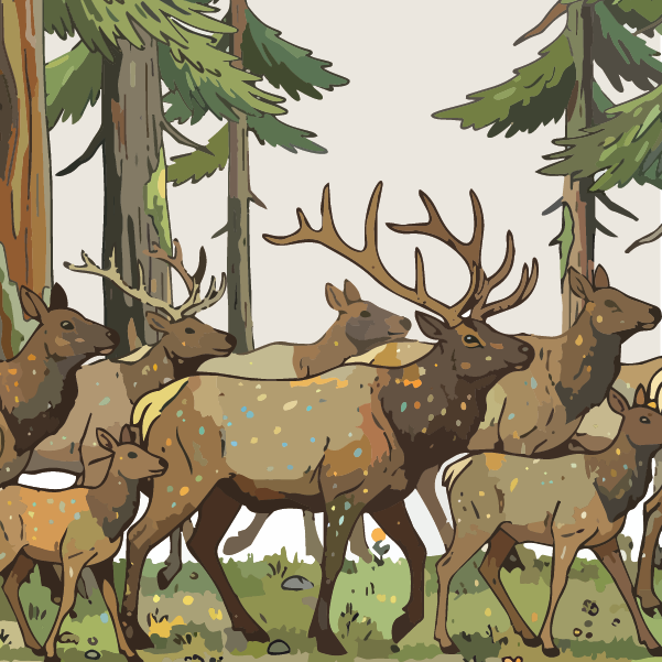 Illustration of a herd of elk with large antlers walking through a forest with tall green pine trees and grass. The elk have tan coats with white spots.