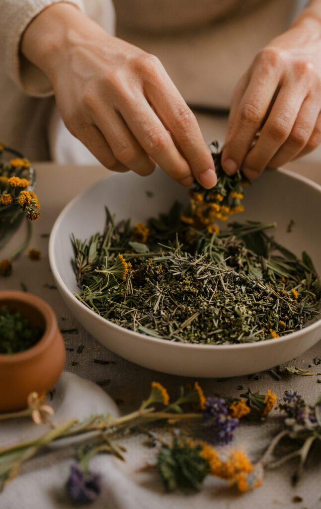 A person’s hands mix dried herbs and yellow flowers in a bowl, with more herbs and flowers scattered on the table nearby.