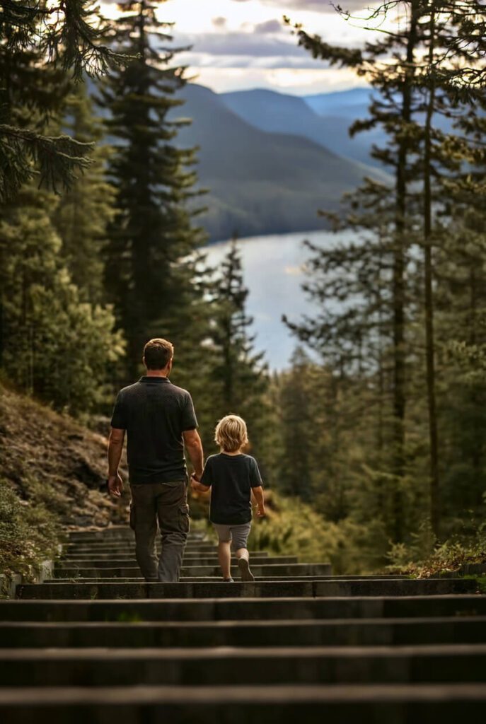 An adult and a child walk hand in hand down wooden steps through a forest toward a scenic lake and mountains, surrounded by tall trees under a partly cloudy sky.