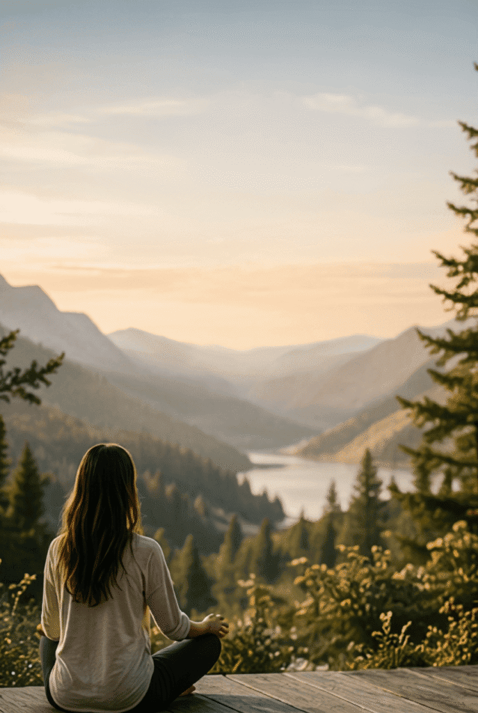 A person sits cross-legged on a wooden platform, facing a scenic view of mountains, a river, and trees at sunset, creating a peaceful and reflective atmosphere.