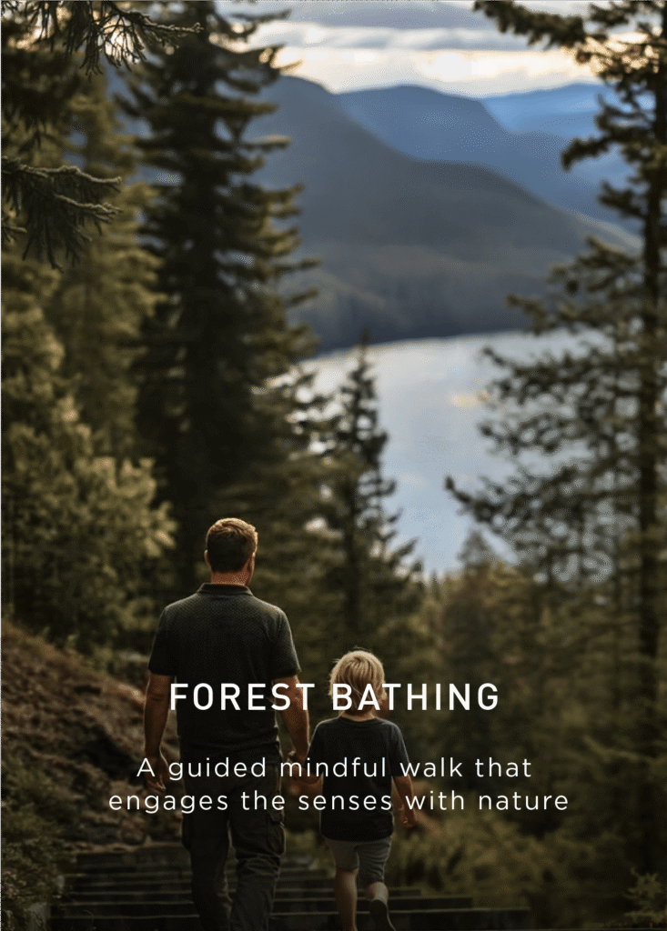 A man and a child walk down forested steps toward a lake, surrounded by tall trees, with text promoting a mindful forest bathing walk.