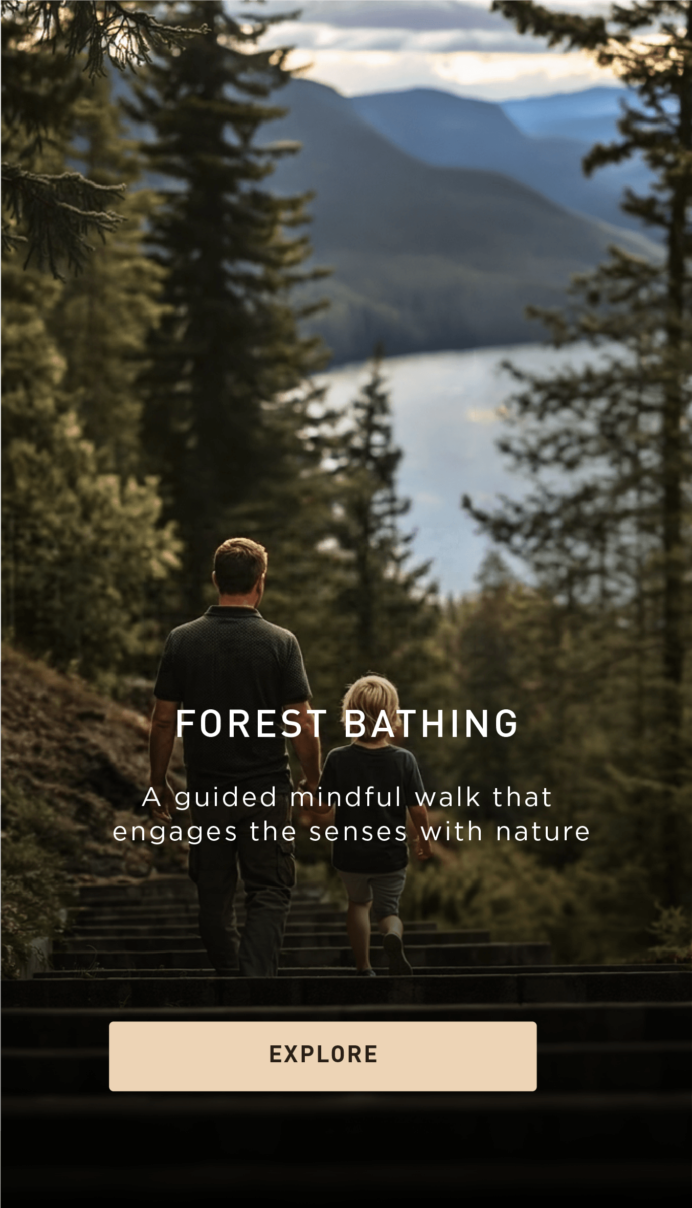 A man and a child walk down forested steps toward a lake, surrounded by tall trees, with text promoting a mindful forest bathing walk.