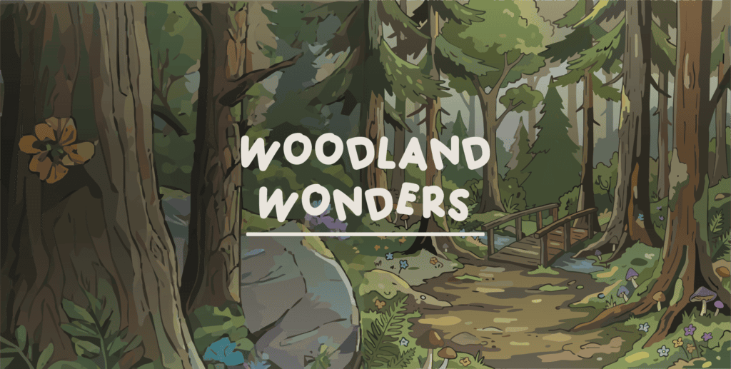 Illustrated forest scene with tall trees, green foliage, flowers, a rock, and a small wooden bridge over a dirt path. The text Woodland Wonders is centered in bold white letters.