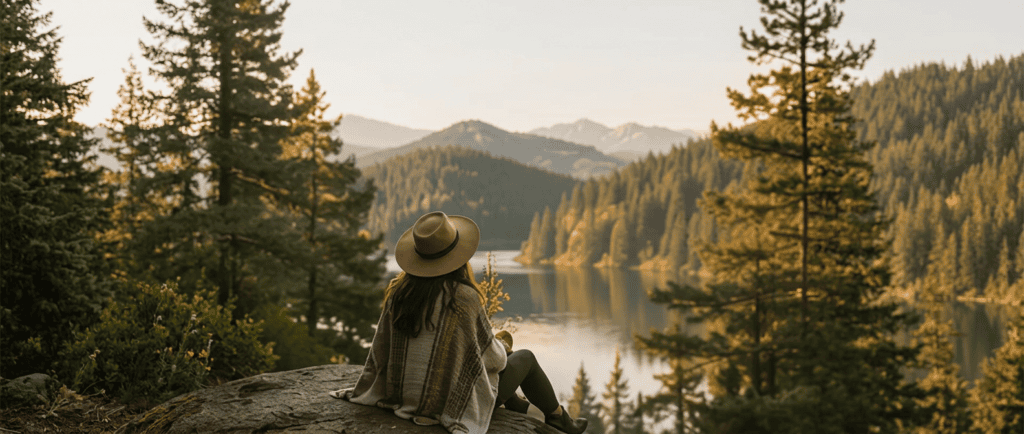 A person wearing a hat and poncho sits on a rock, overlooking a forested lake and distant mountains under a clear sky at sunset.