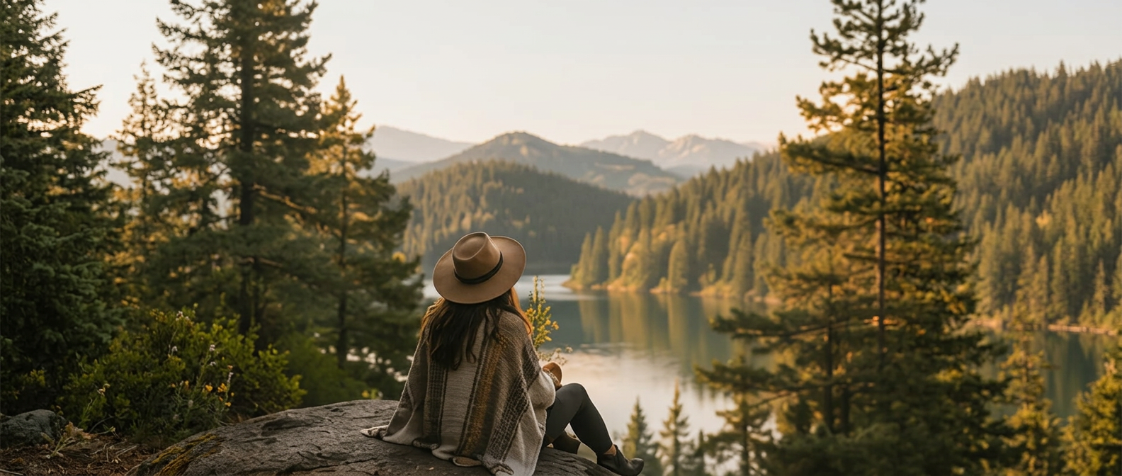 A person wearing a hat and poncho sits on a rock, overlooking a forested lake and distant mountains under a clear sky at sunset.