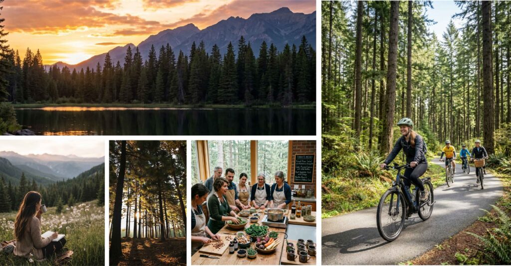 Collage of outdoor scenes: a lake at sunset, people cycling through a forest, a group cooking together, a woman sitting in a field, and sunlight streaming through tall trees—capturing the vibrant spirit of spring events at Suncadia.