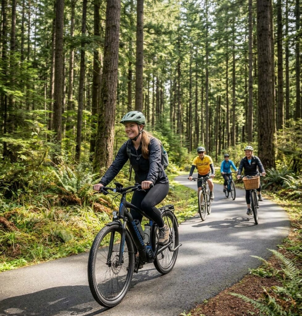 Four cyclists ride along a paved path through a dense forest.